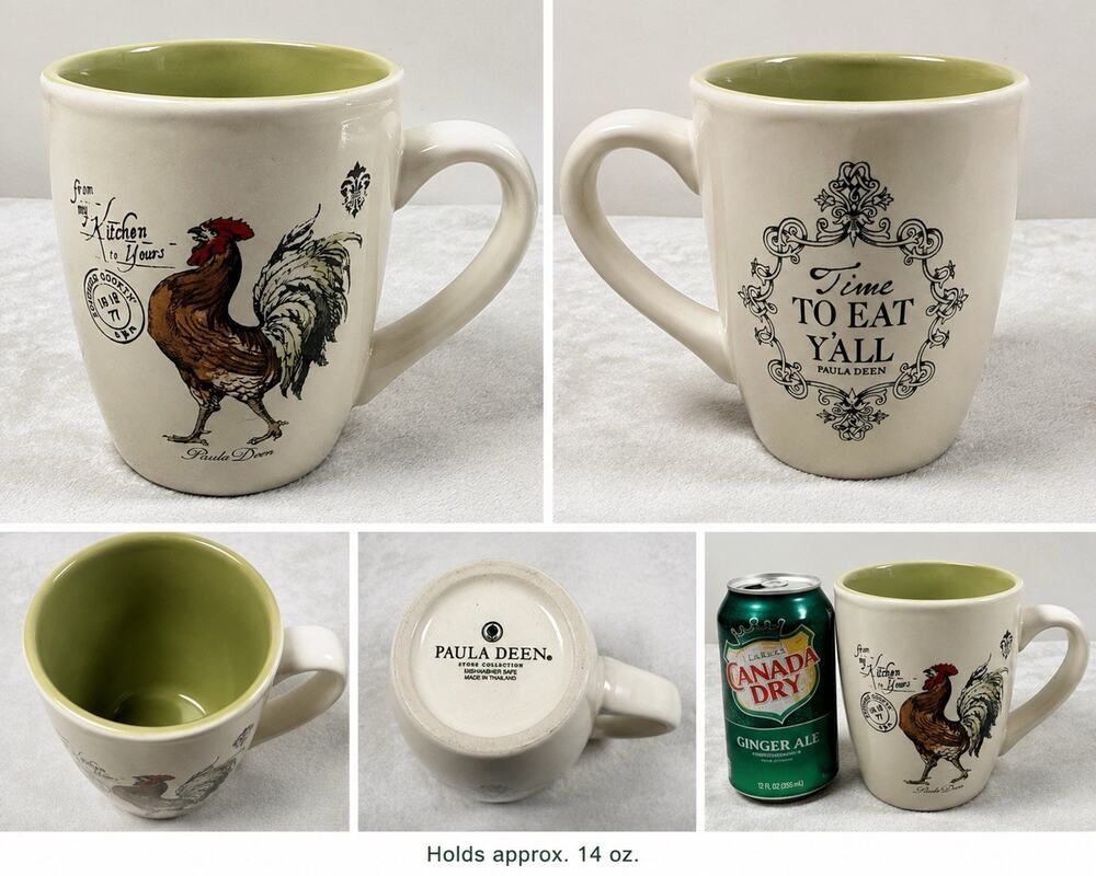 Paula Deen Store Collection Rooster Mug Time To Eat Y’all Green Interior 14 Oz